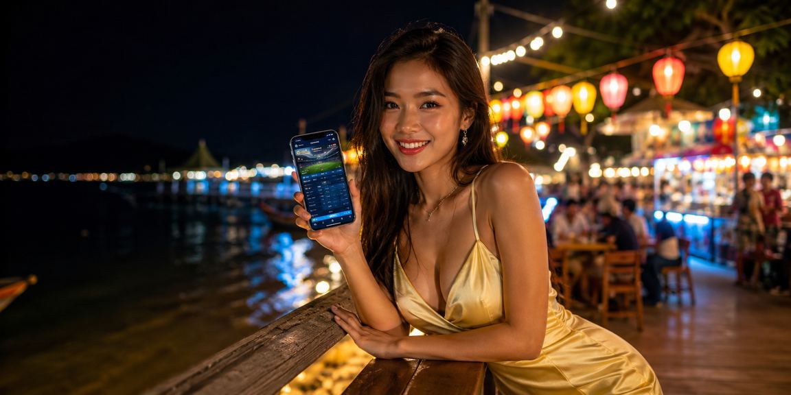 Người chơi cá cược casino trên điện thoại tại thị trường Phú Quốc về đêm